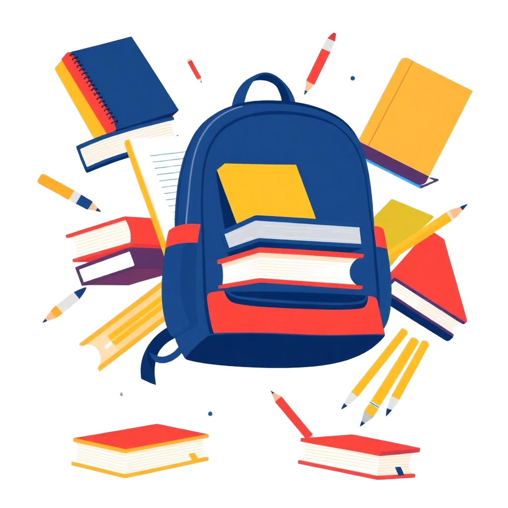 Útiles escolares: mochila, cuadernos y lápices